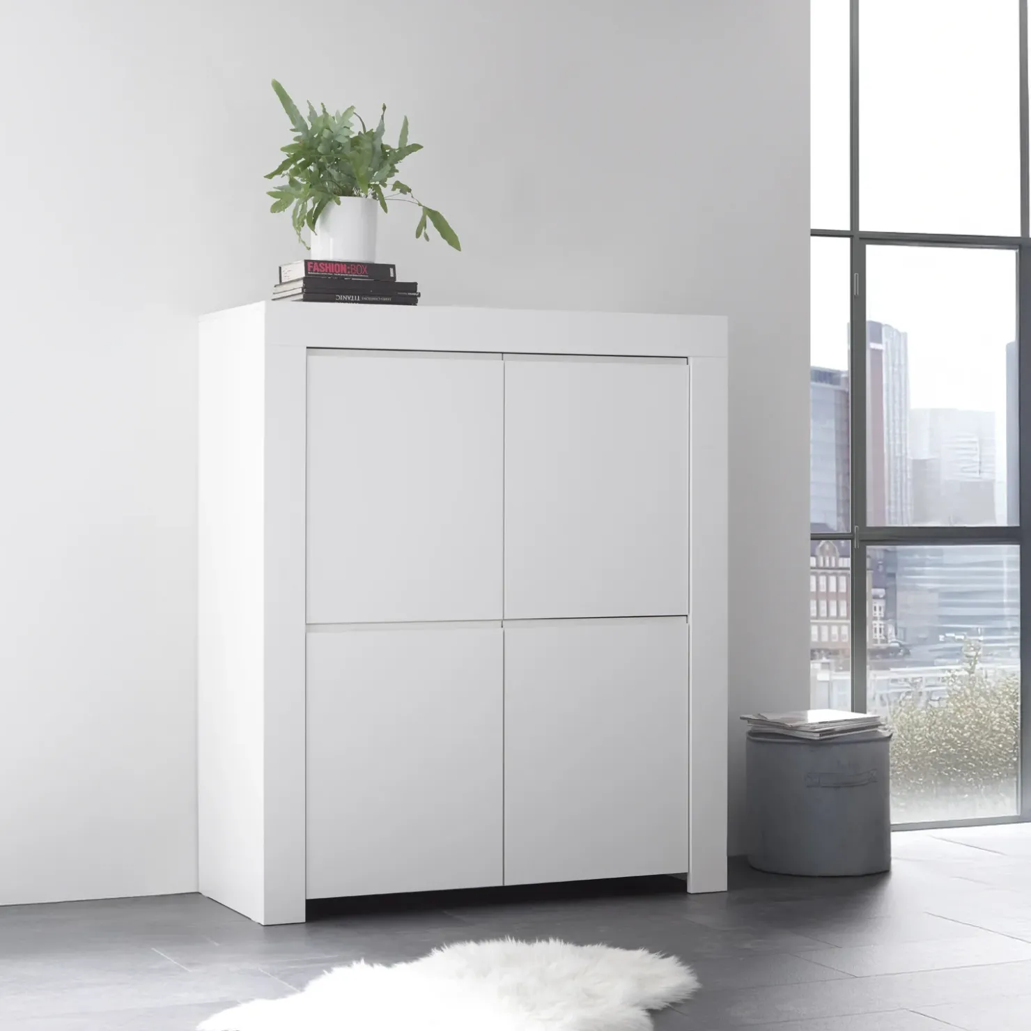 Garnero Arredamenti Credenza alta 110x140h cm 4 ante soggiorno moderna bianco opaco Bruma Clearance
