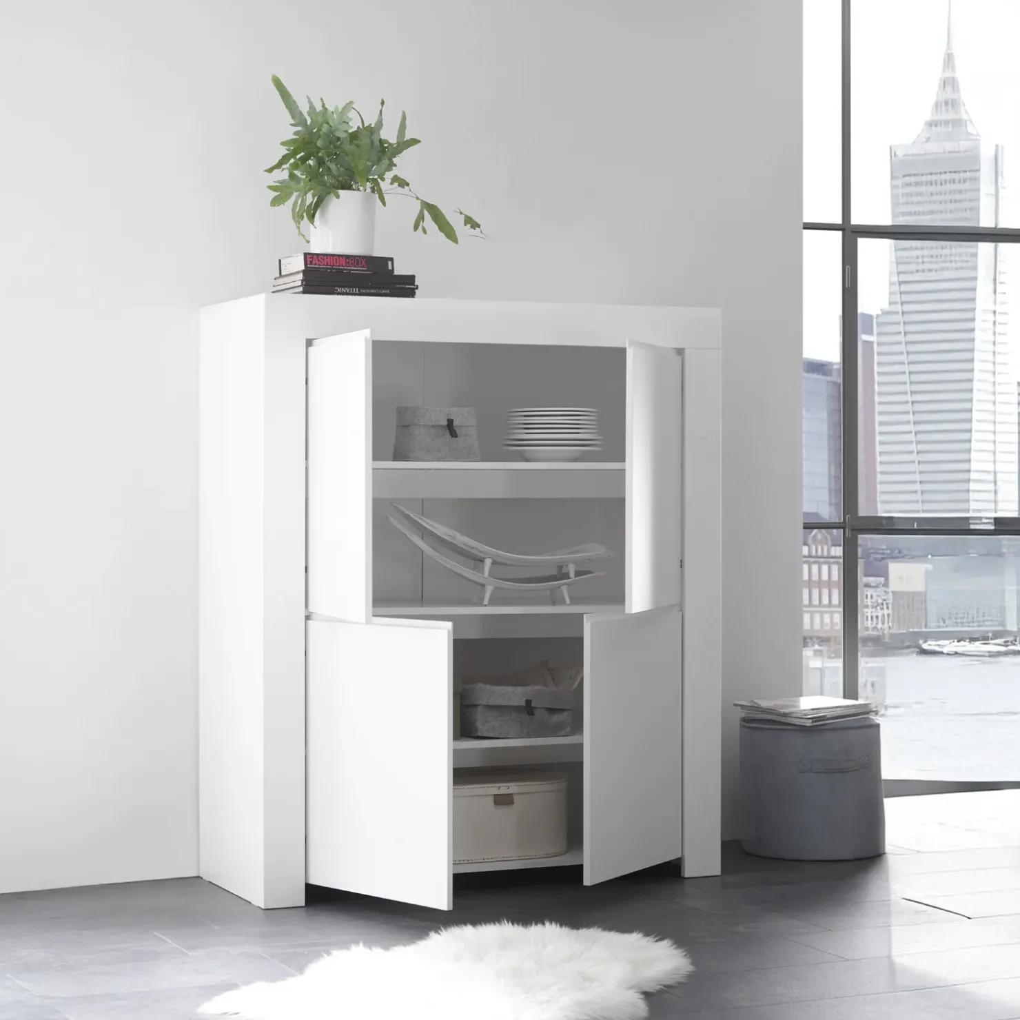 Garnero Arredamenti Credenza alta 110x140h cm 4 ante soggiorno moderna bianco opaco Bruma Clearance