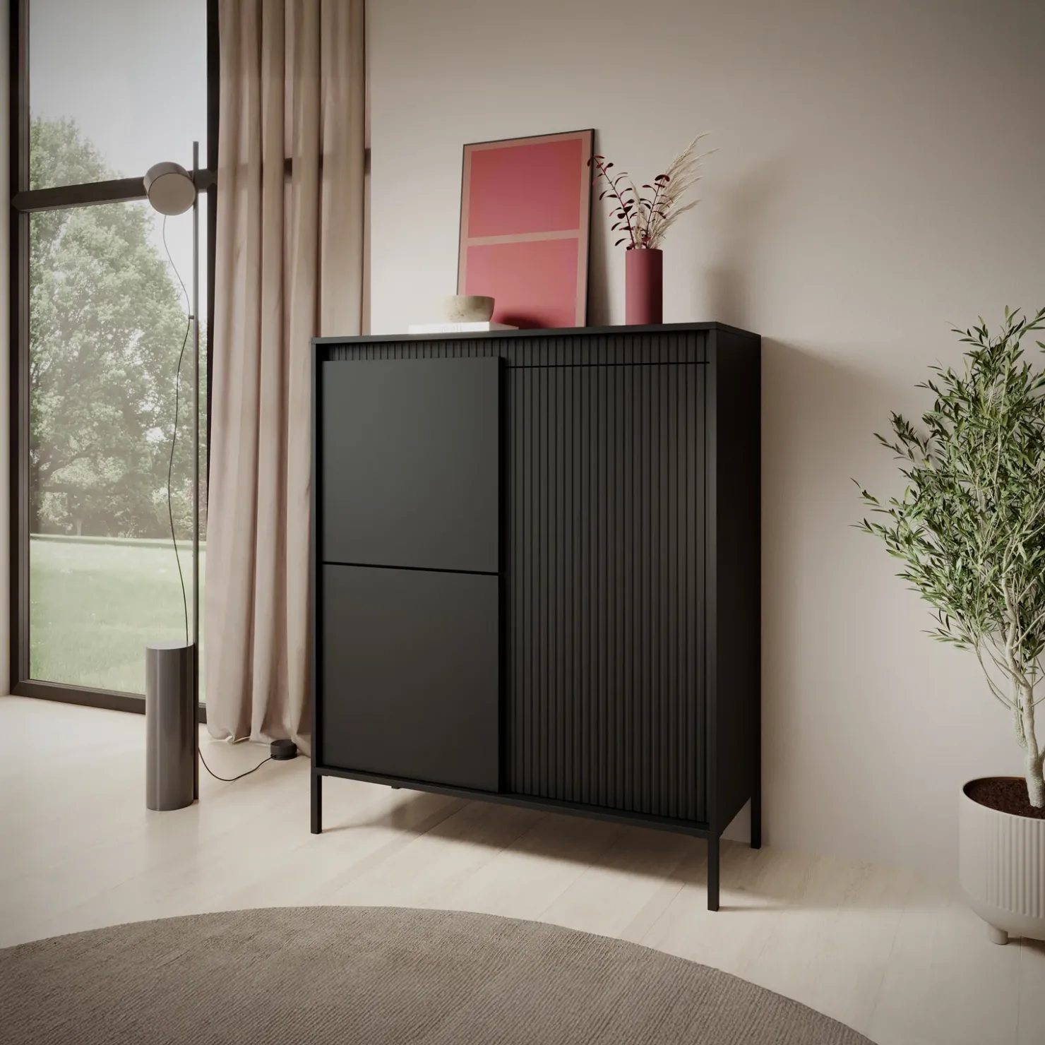 Garnero Arredamenti Credenza alta 104x124h cm 3 ante cannettato Ciar Nero Opaco Discount