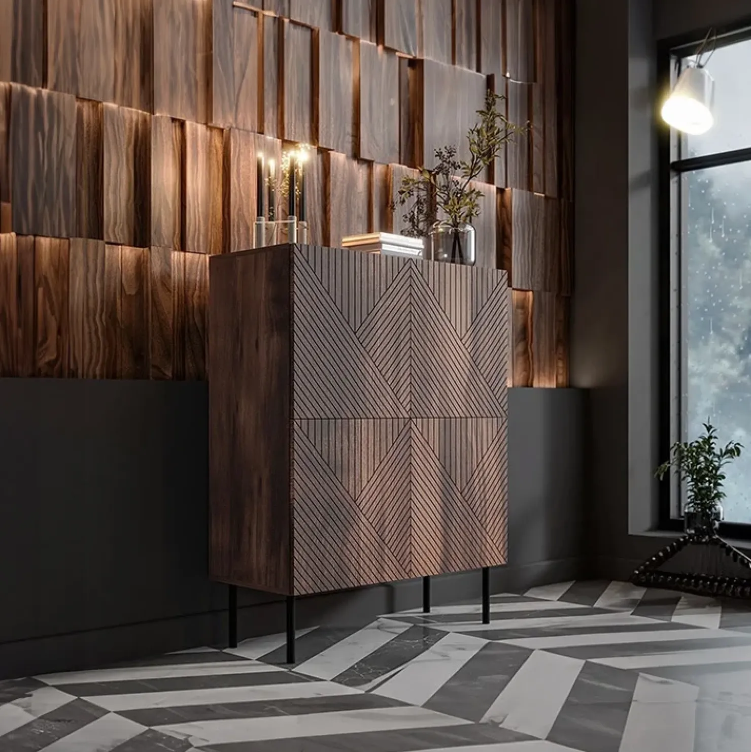 Garnero Arredamenti Credenza alta 89x118h cm 4 ante noce scuro con frontali serigrafati Savanna New