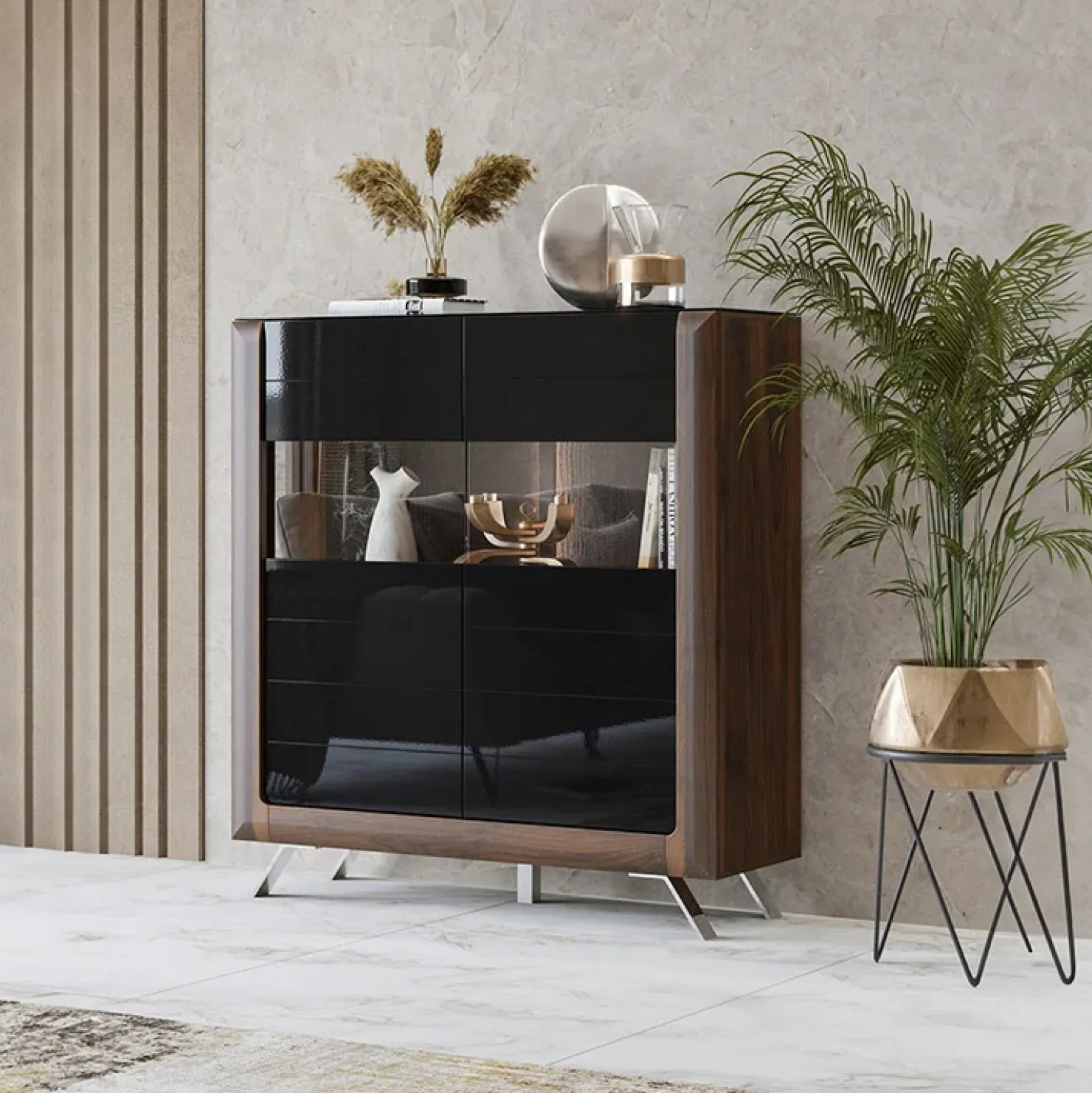 Garnero Arredamenti Credenza alta 129x137h cm 2 ante noce nero lucido Jumbo Nero Lucido - Noce Hot