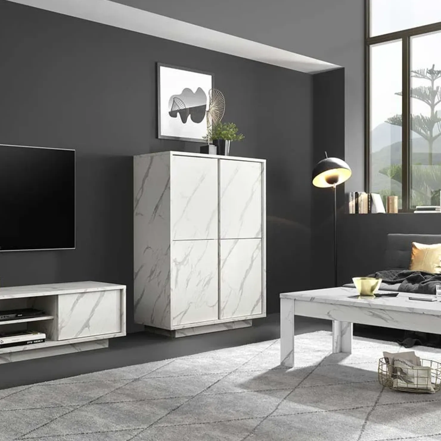 Garnero Arredamenti Credenza alta 92x145h cm 4 ante effetto Viking Marmo bianco New