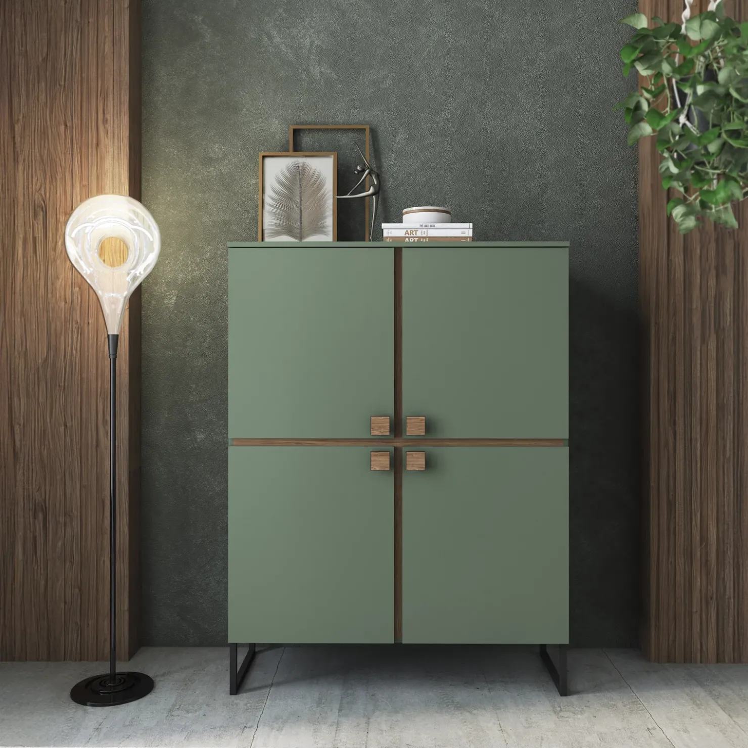 Garnero Arredamenti Credenza alta 108x144h cm 4 ante verde salvia scuro rovere Selvia