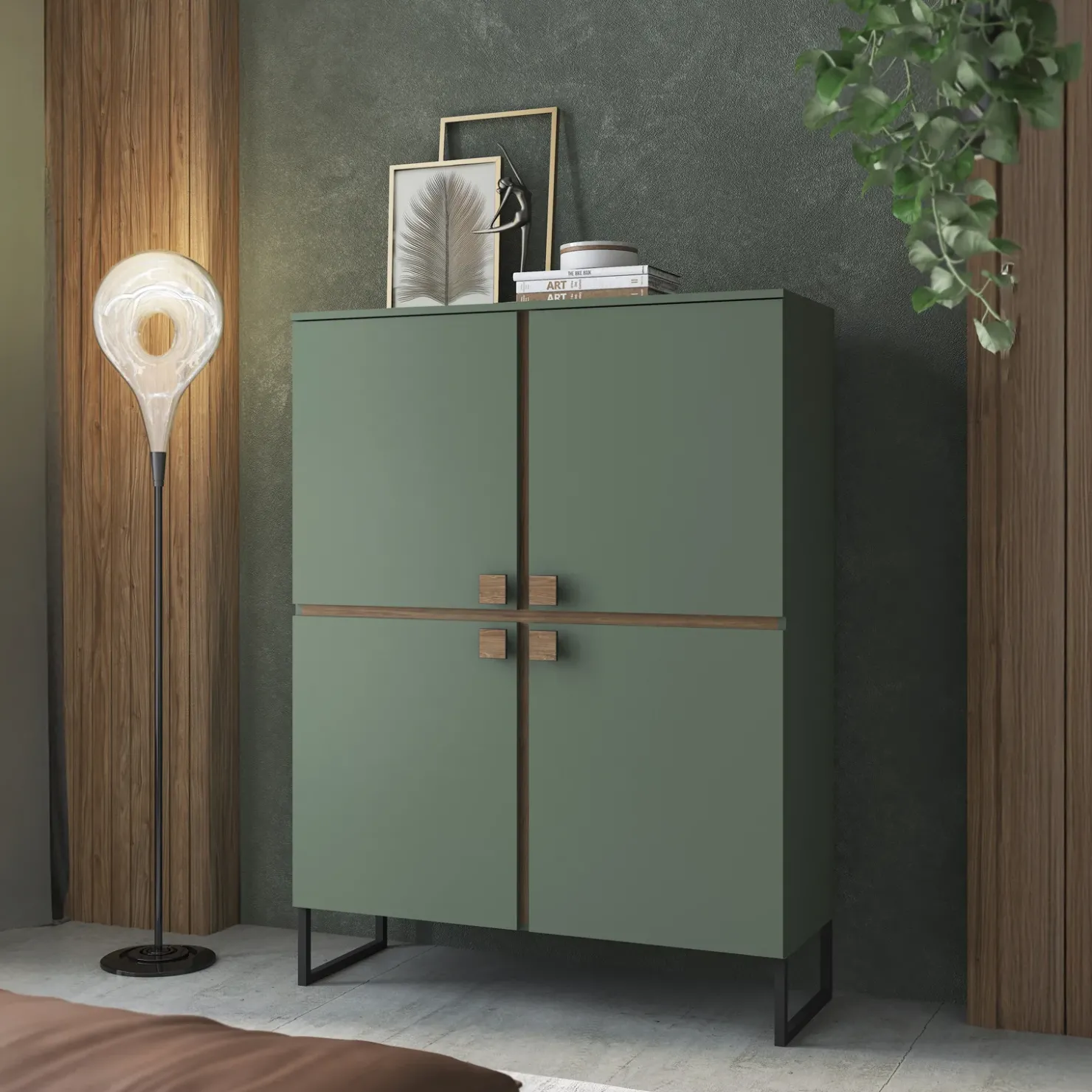 Garnero Arredamenti Credenza alta 108x144h cm 4 ante verde salvia scuro rovere Selvia