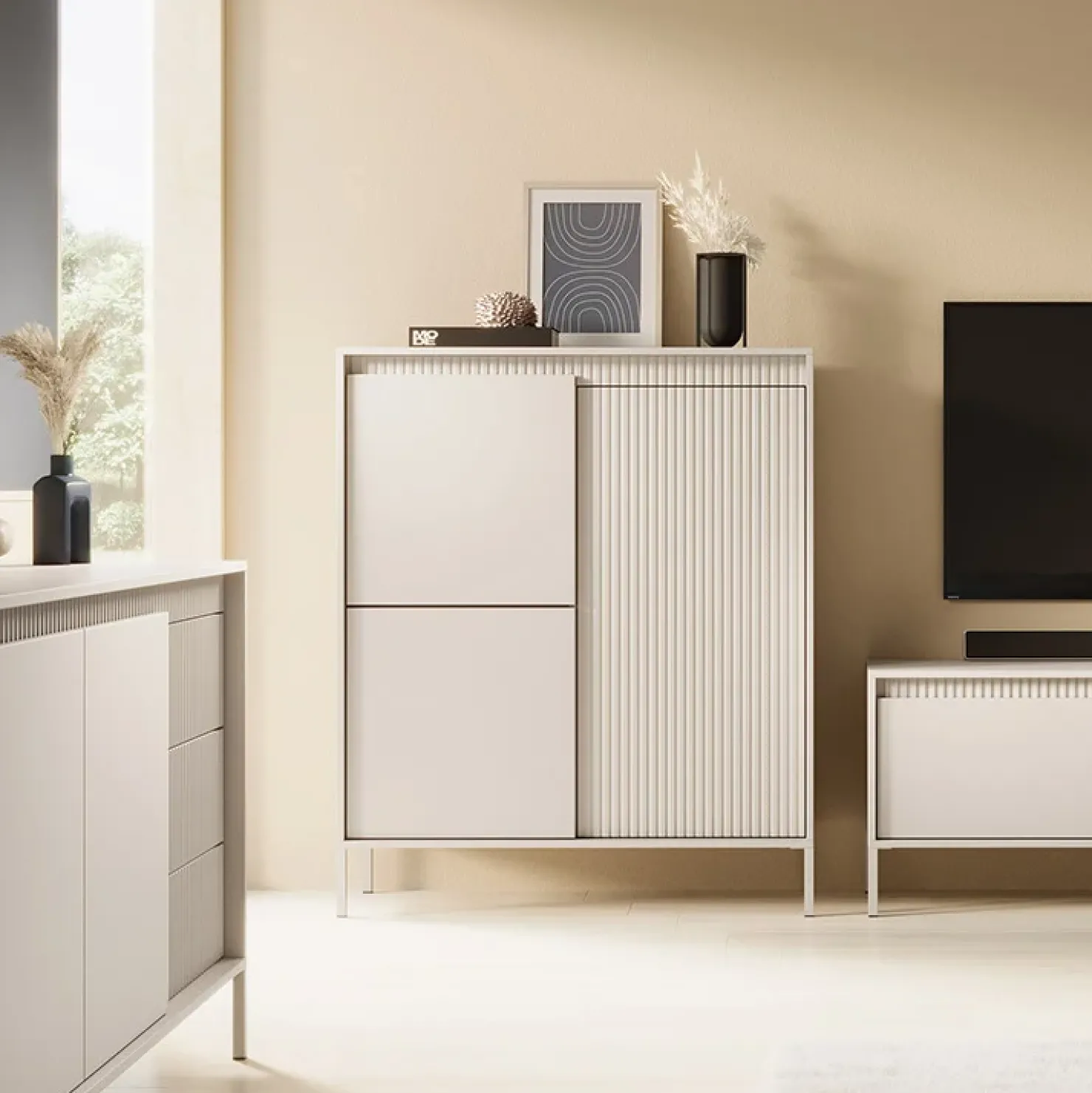 Garnero Arredamenti Credenza alta 104x124h cm 3 ante cannettato Ciar Beige Clearance