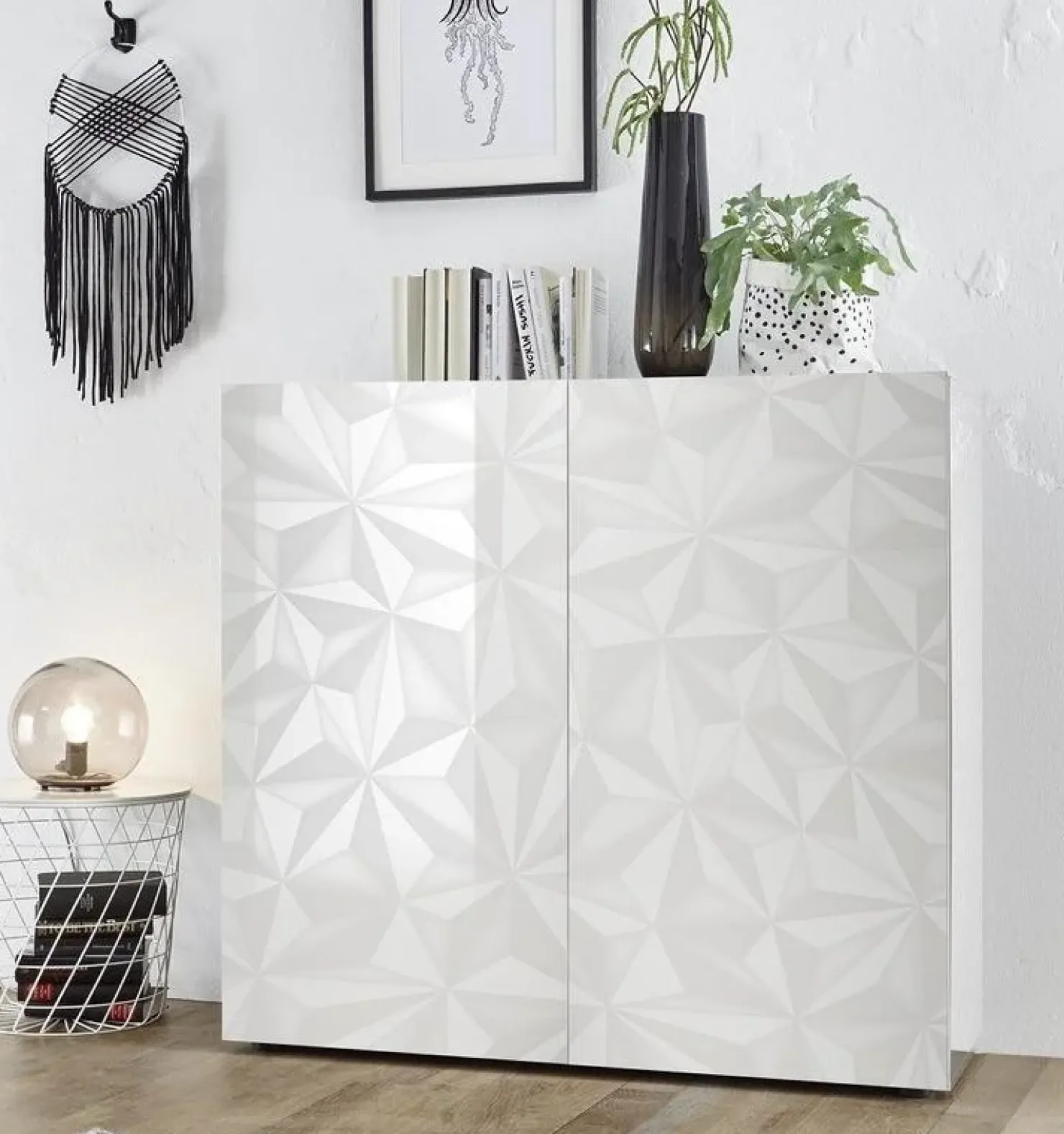 Garnero Arredamenti Credenza alta 121x111h cm laccato con serigrafia Marvis Bianco Lucido Best