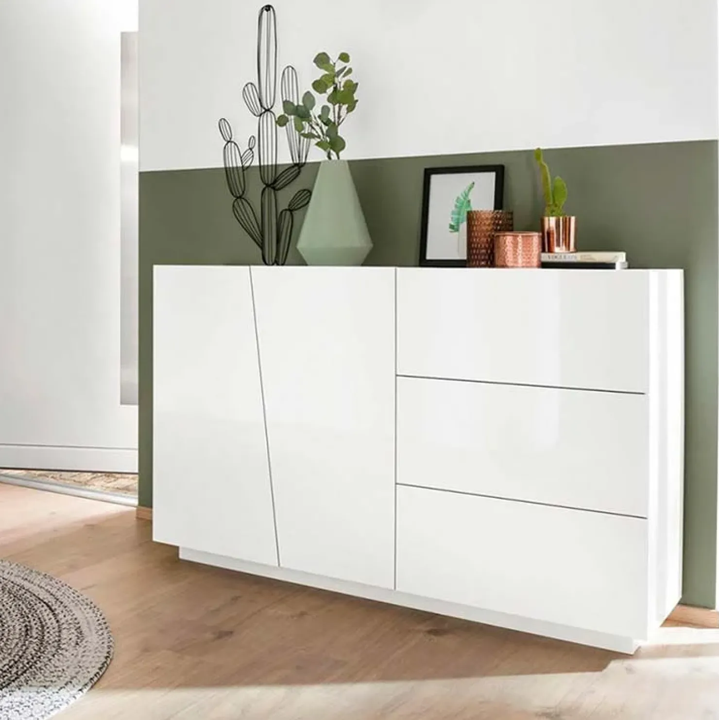 Garnero Arredamenti Credenza moderna 140x86h cm 2 ante 3 cassetti Candia Gihome® Bianco Lucido Online