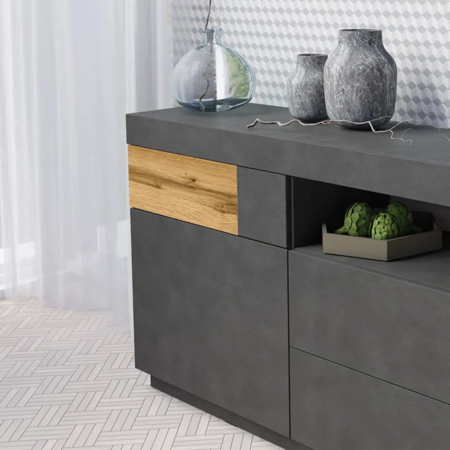 Garnero Arredamenti Credenza 169x85h cm 1 anta 3 cassetti antracite rovere Bahama Antracite - Rovere Rustico Sale