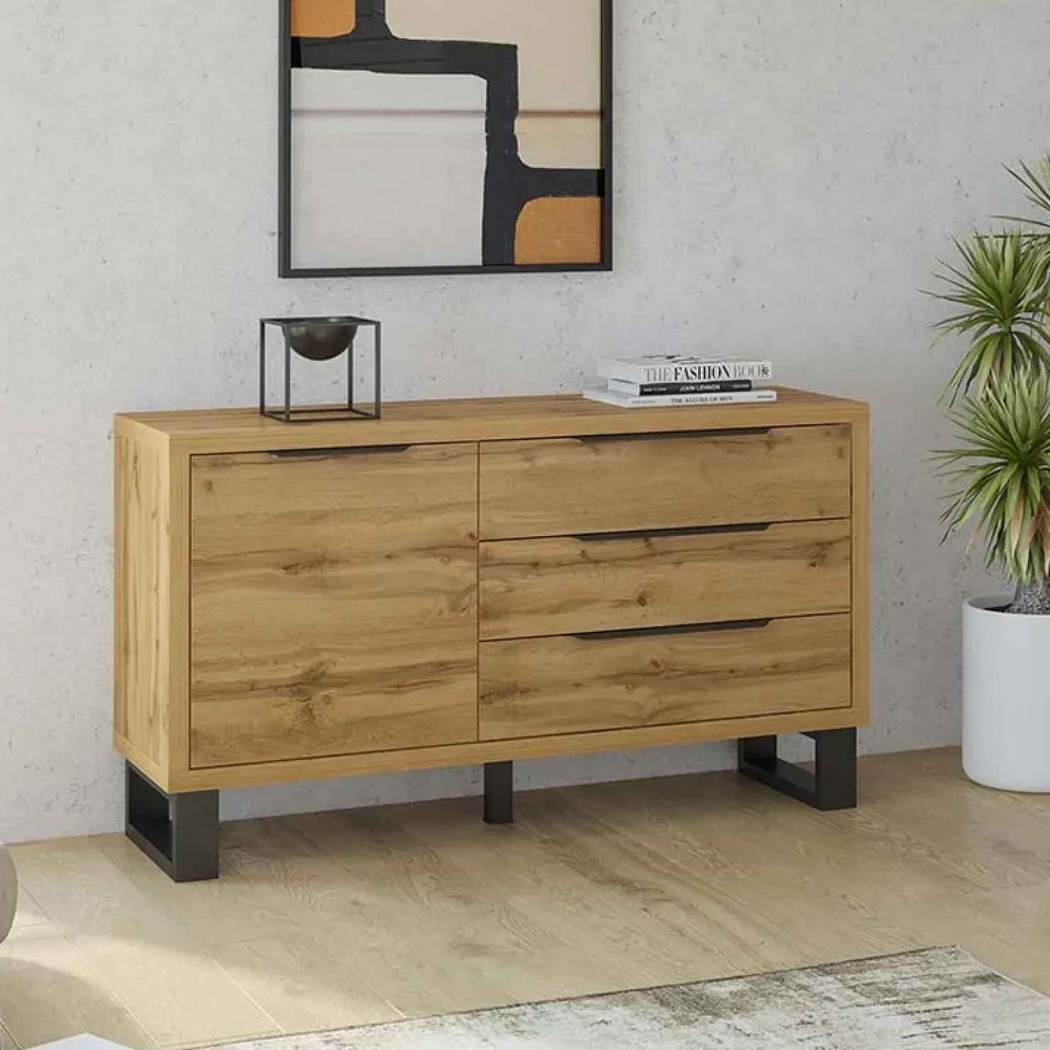 Garnero Arredamenti Credenza 144x83h cm 1 anta 3 cassetti moderna quercia nero Petra Clearance