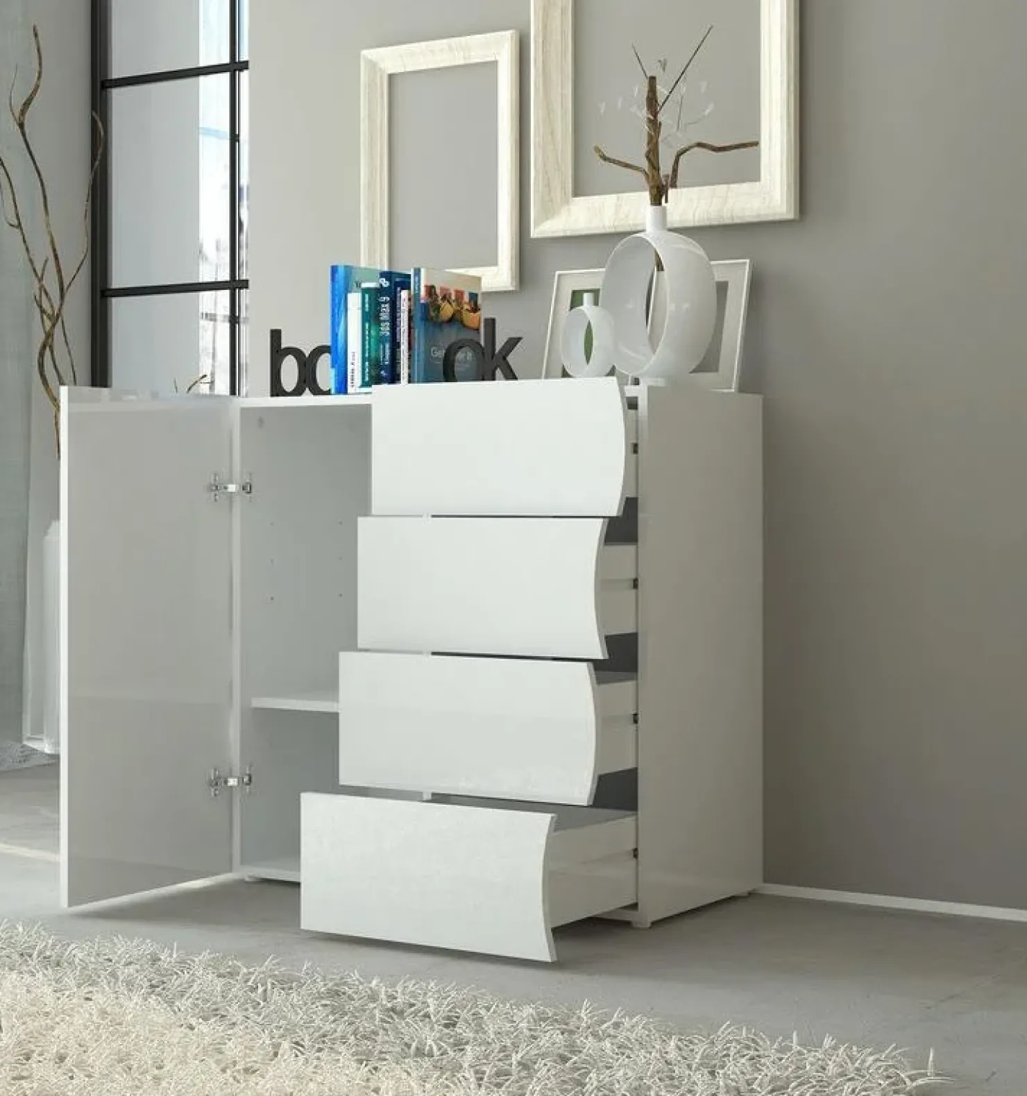 Garnero Arredamenti Credenza 90x81h cm 1 anta 4 cassetti soggiorno bianco lucido Sea Gihome® Best