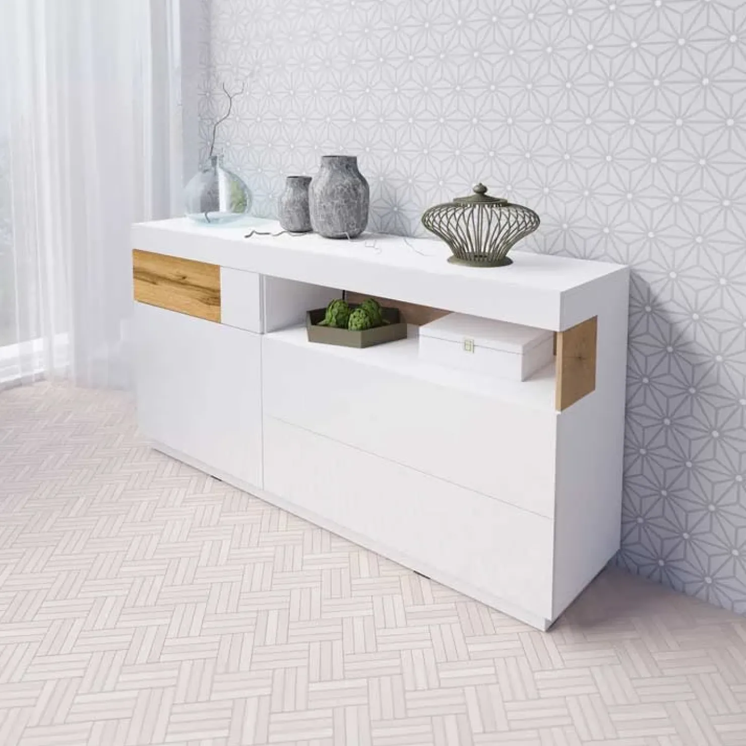 Garnero Arredamenti Credenza 169x85h cm 1 anta 3 cassetti bianco lucido rovere Bahama Bianco Lucido - Rovere Rustico