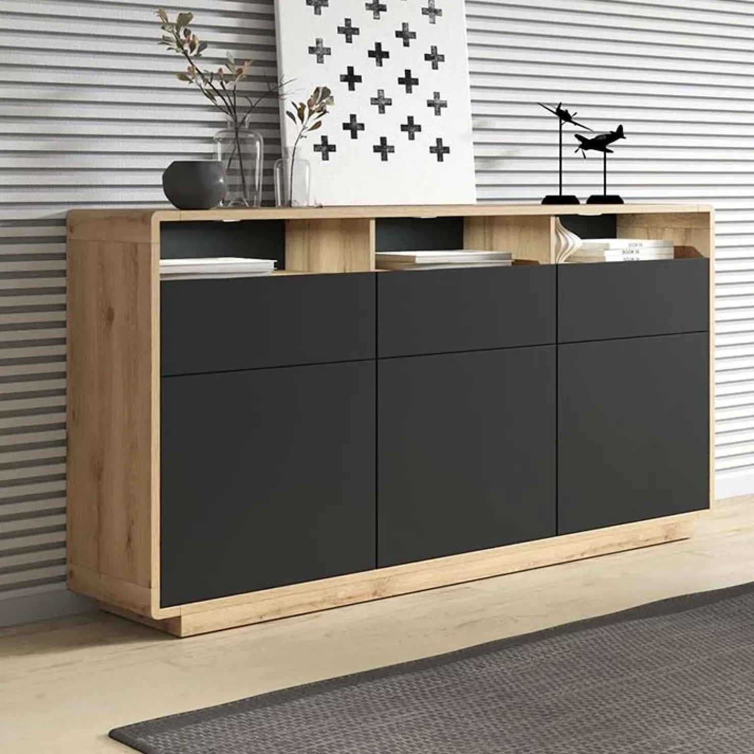 Garnero Arredamenti Credenza 180x96h cm 3 ante 3 cassetti moderna nero opaco rovere Esmond Online