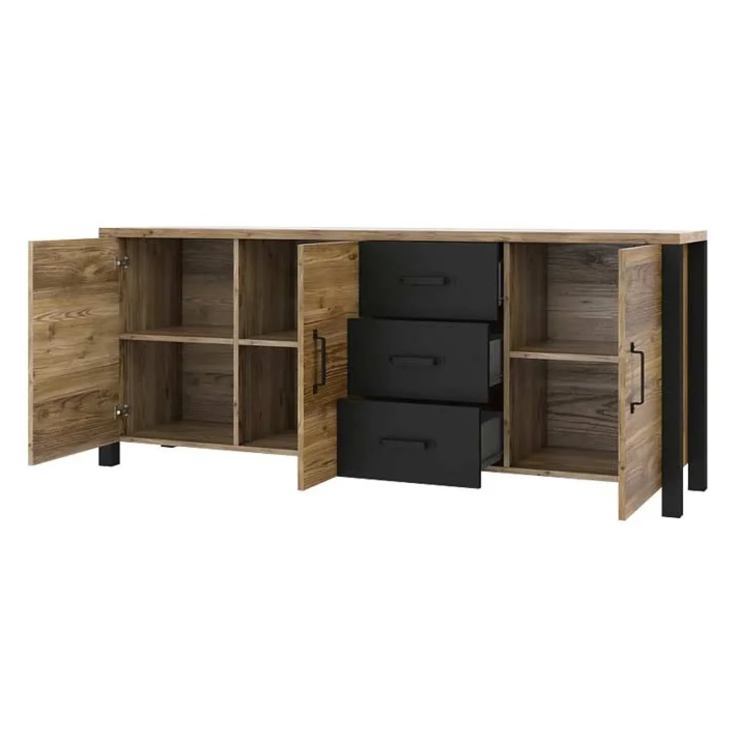 Garnero Arredamenti Credenza 192x79h cm 3 ante 3 cassetti moderna quercia nero opaco Nebraska New