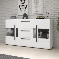 Garnero Arredamenti Credenza 180x103h cm 2 ante 3 cassetti con vetrinetta moderna bianco opaco e lucido Maiorca Bianco Lucido Discount