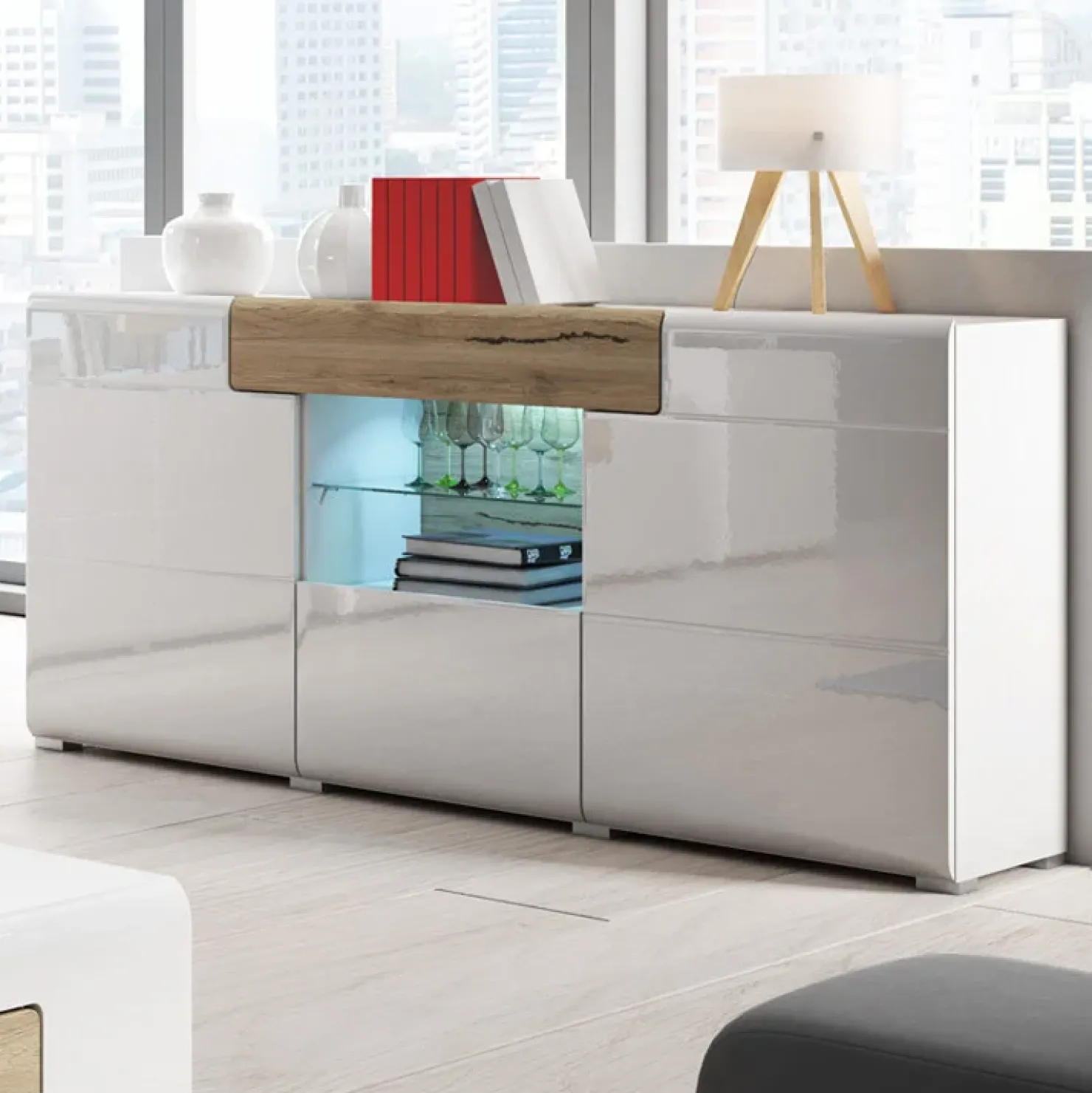 Garnero Arredamenti Credenza 159x83h cm 3 ante 1 cassetto bianco lucido rovere Tahiti