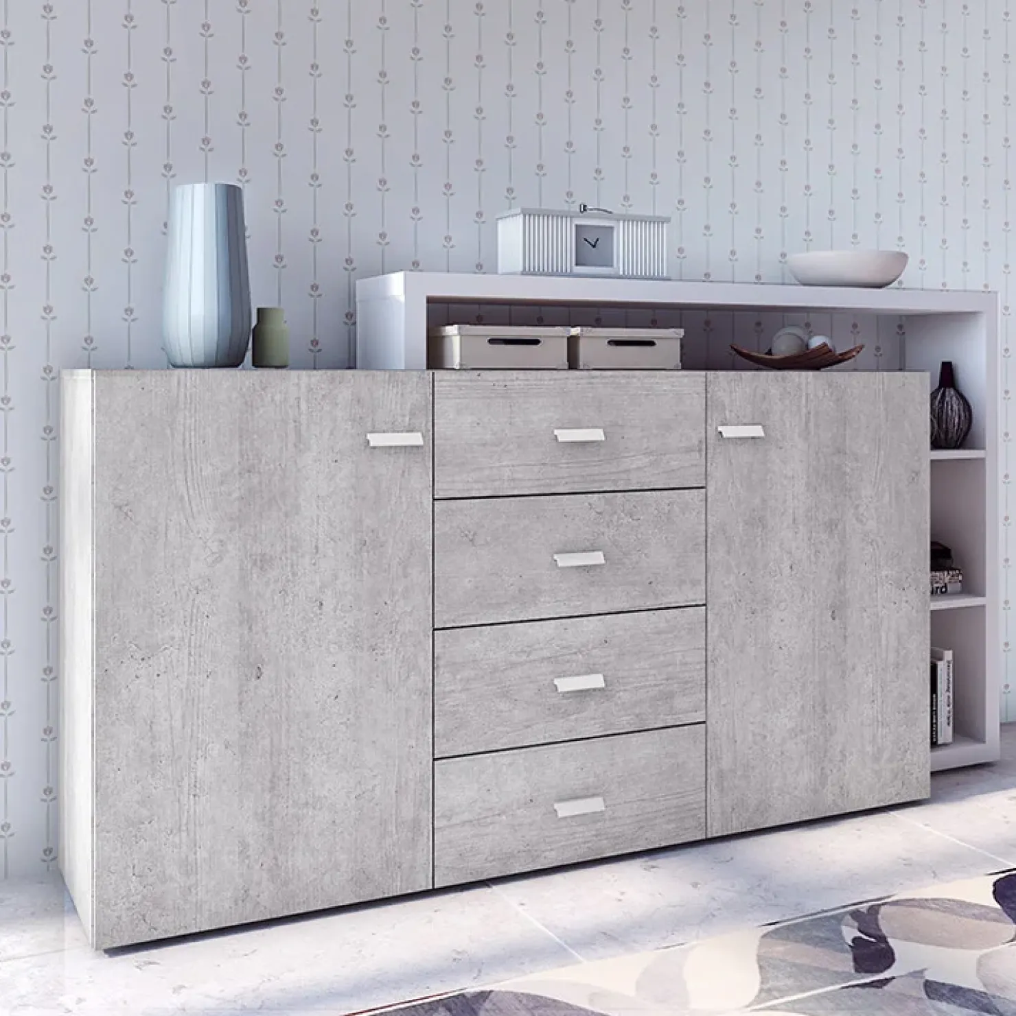 Garnero Arredamenti Credenza 180x98h cm 2 ante 4 cassetti moderna bianco cemento Megan Gihome® Cemento - Bianco opaco Online