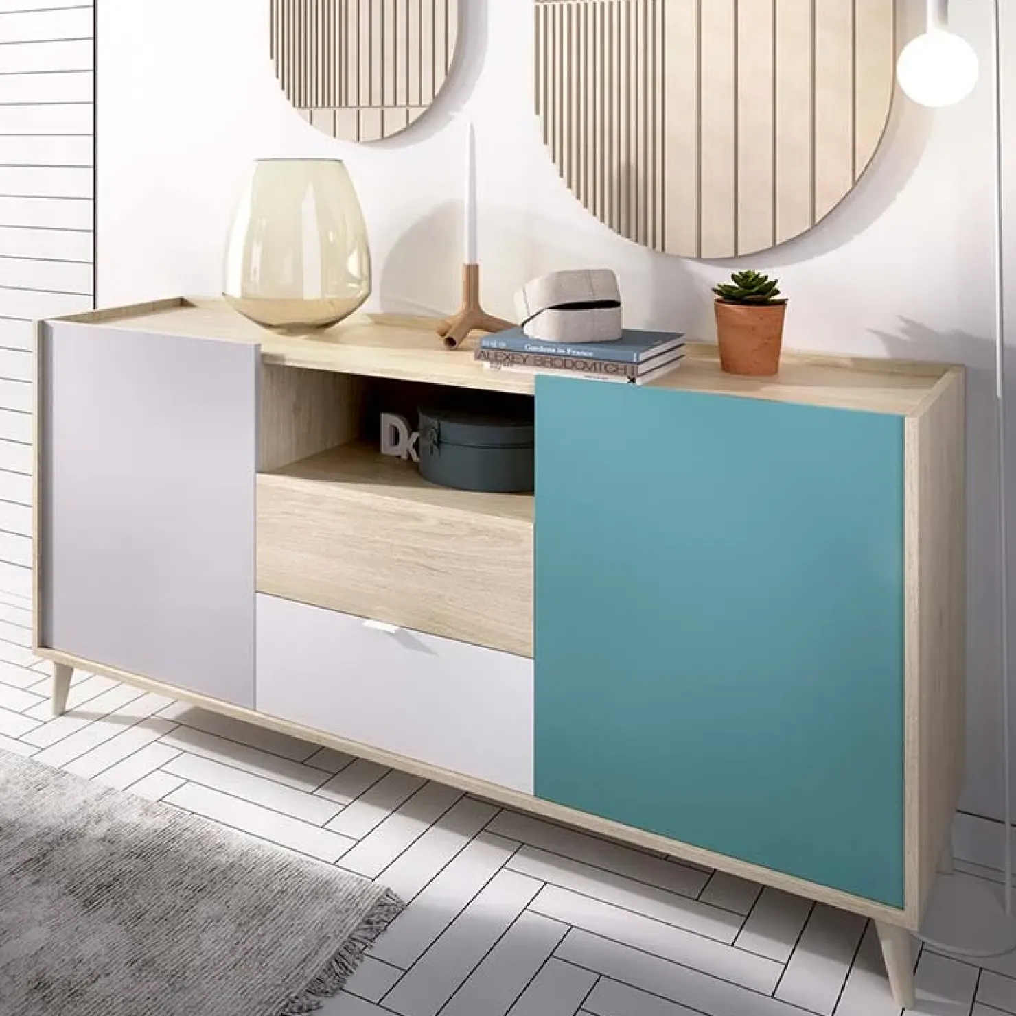 Garnero Arredamenti Credenza 155x75h cm 2 ante 2 cassetti rovere grigio bianco petrolio Dominic New