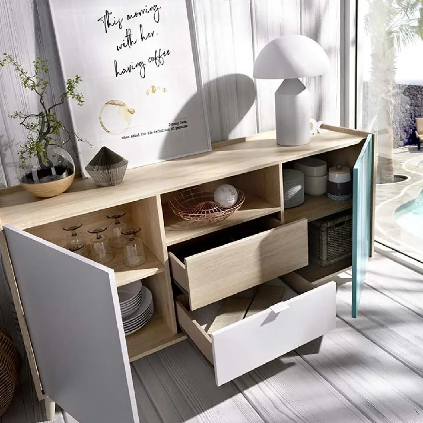 Garnero Arredamenti Credenza 155x75h cm 2 ante 2 cassetti rovere grigio bianco petrolio Dominic New