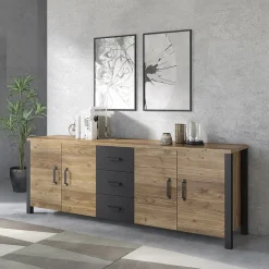 Garnero Arredamenti Credenza 220x79h cm 4 ante 3 cassetti moderna quercia nero opaco Nebraska Rovere Rustico - Nero opaco