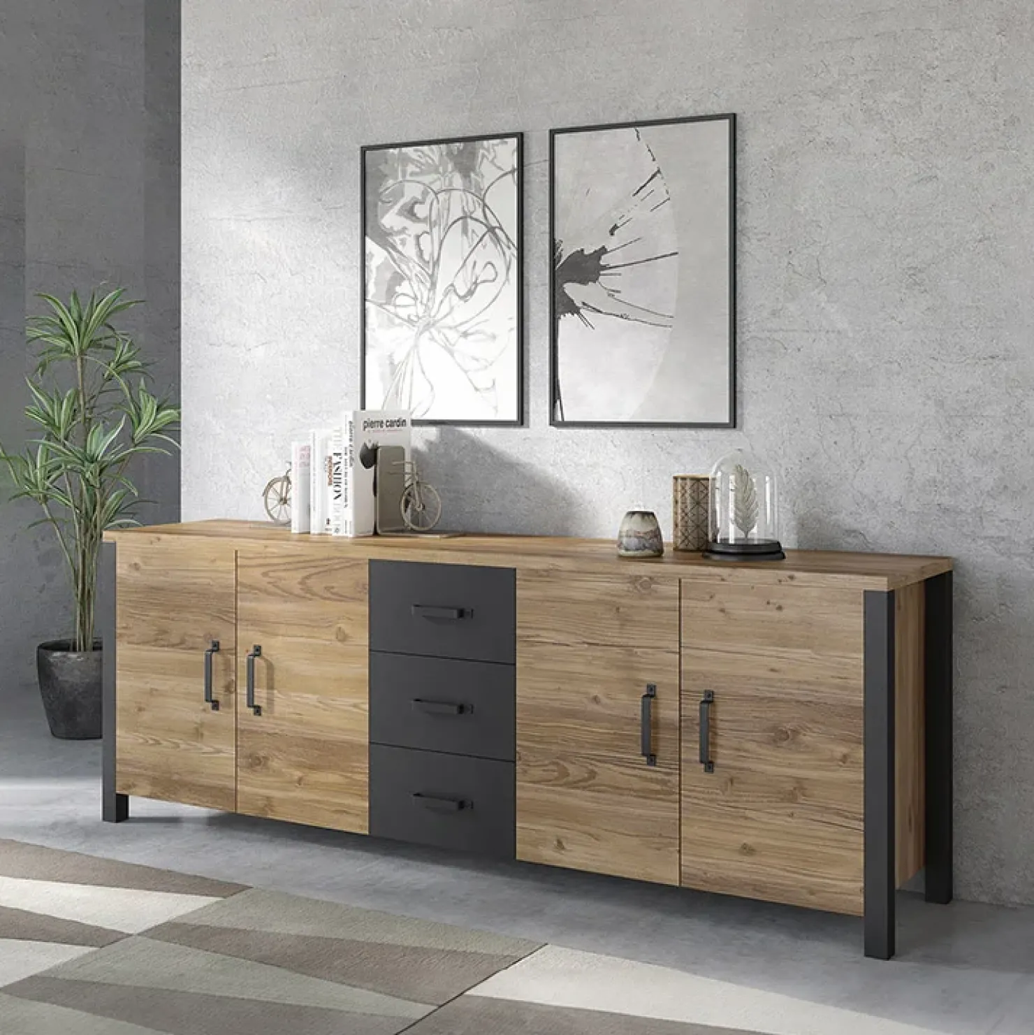 Garnero Arredamenti Credenza 220x79h cm 4 ante 3 cassetti moderna quercia nero opaco Nebraska Rovere Rustico - Nero opaco