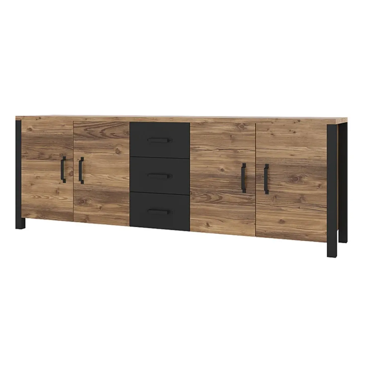 Garnero Arredamenti Credenza 220x79h cm 4 ante 3 cassetti moderna quercia nero opaco Nebraska Rovere Rustico - Nero opaco