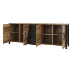 Garnero Arredamenti Credenza 220x79h cm 4 ante 3 cassetti moderna quercia nero opaco Nebraska Rovere Rustico - Nero opaco