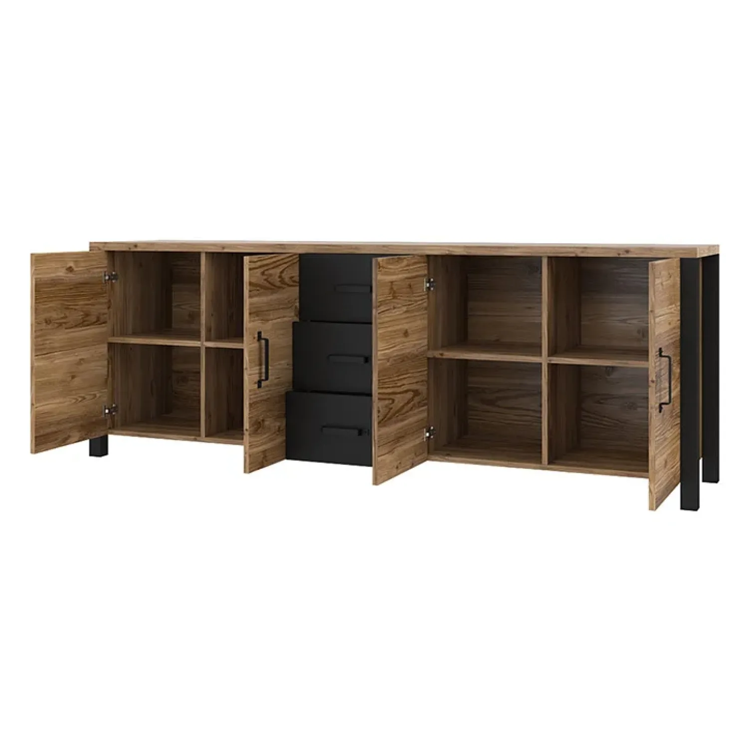 Garnero Arredamenti Credenza 220x79h cm 4 ante 3 cassetti moderna quercia nero opaco Nebraska Rovere Rustico - Nero opaco