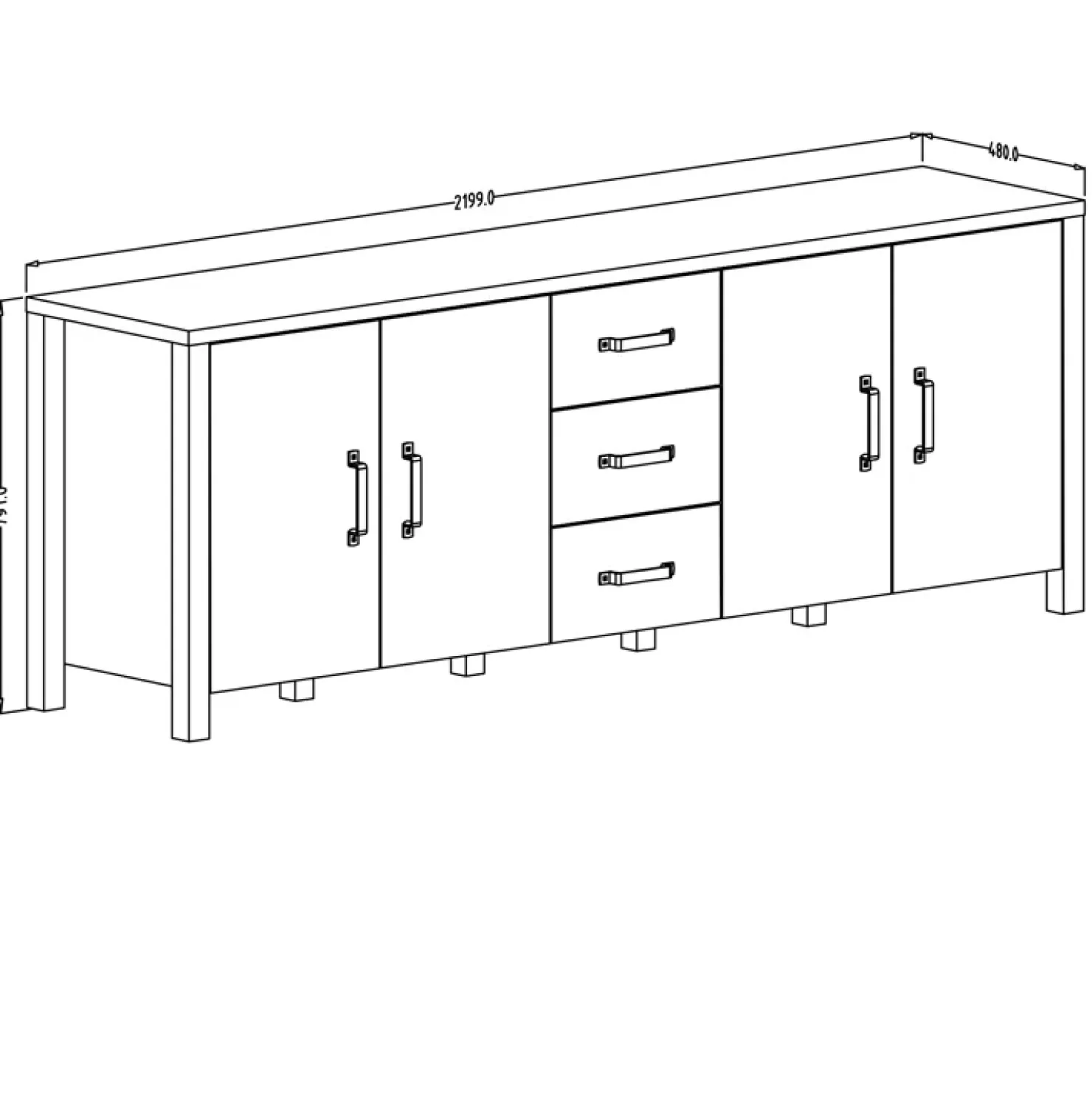 Garnero Arredamenti Credenza 220x79h cm 4 ante 3 cassetti moderna quercia nero opaco Nebraska Rovere Rustico - Nero opaco