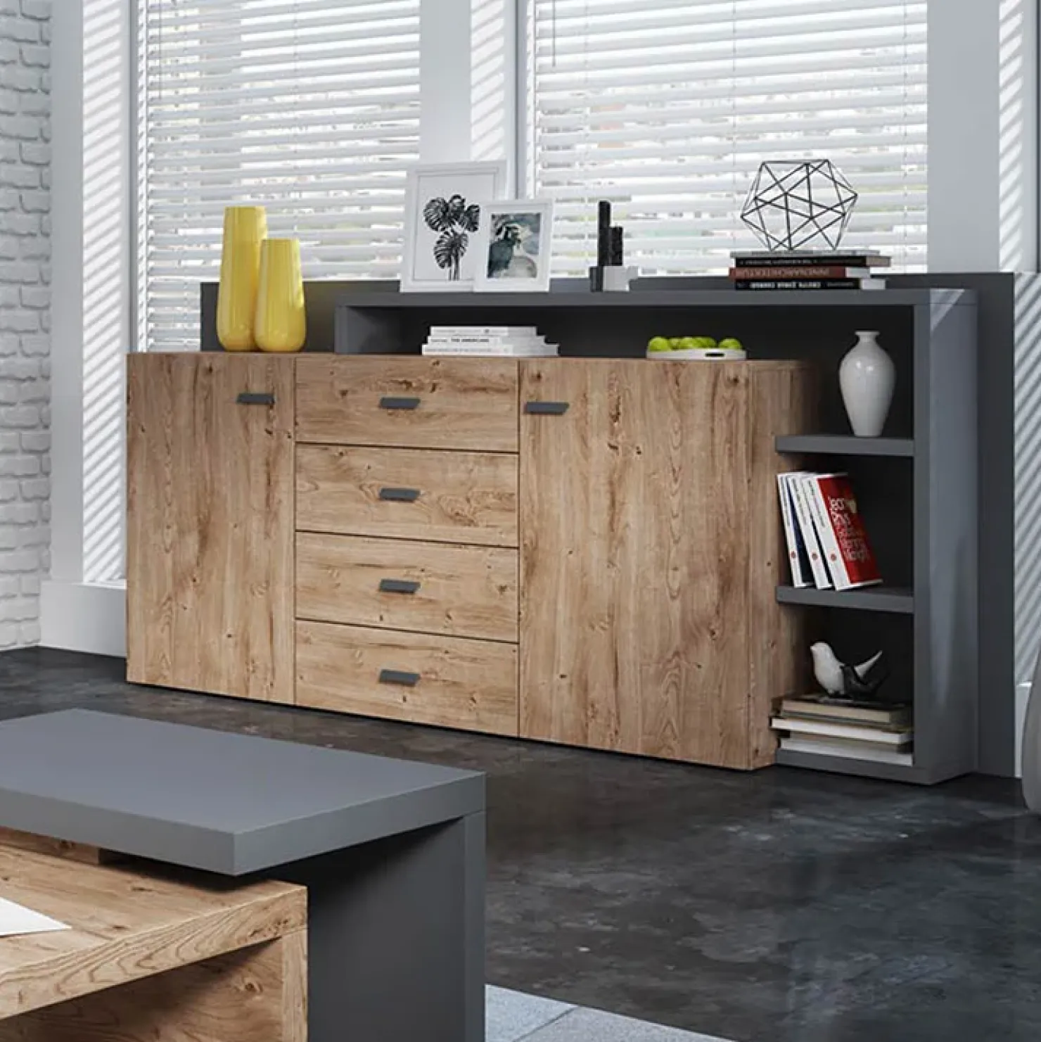 Garnero Arredamenti Credenza 180x97h cm 2 ante 4 cassetti moderna rovere antracite Megan Gihome® Rovere - Antracite Online