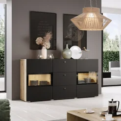 Garnero Arredamenti Credenza 132x70h cm 2 ante 3 cassetti rovere chiaro nero Emotion Gihome® Rovere - Nero opaco New