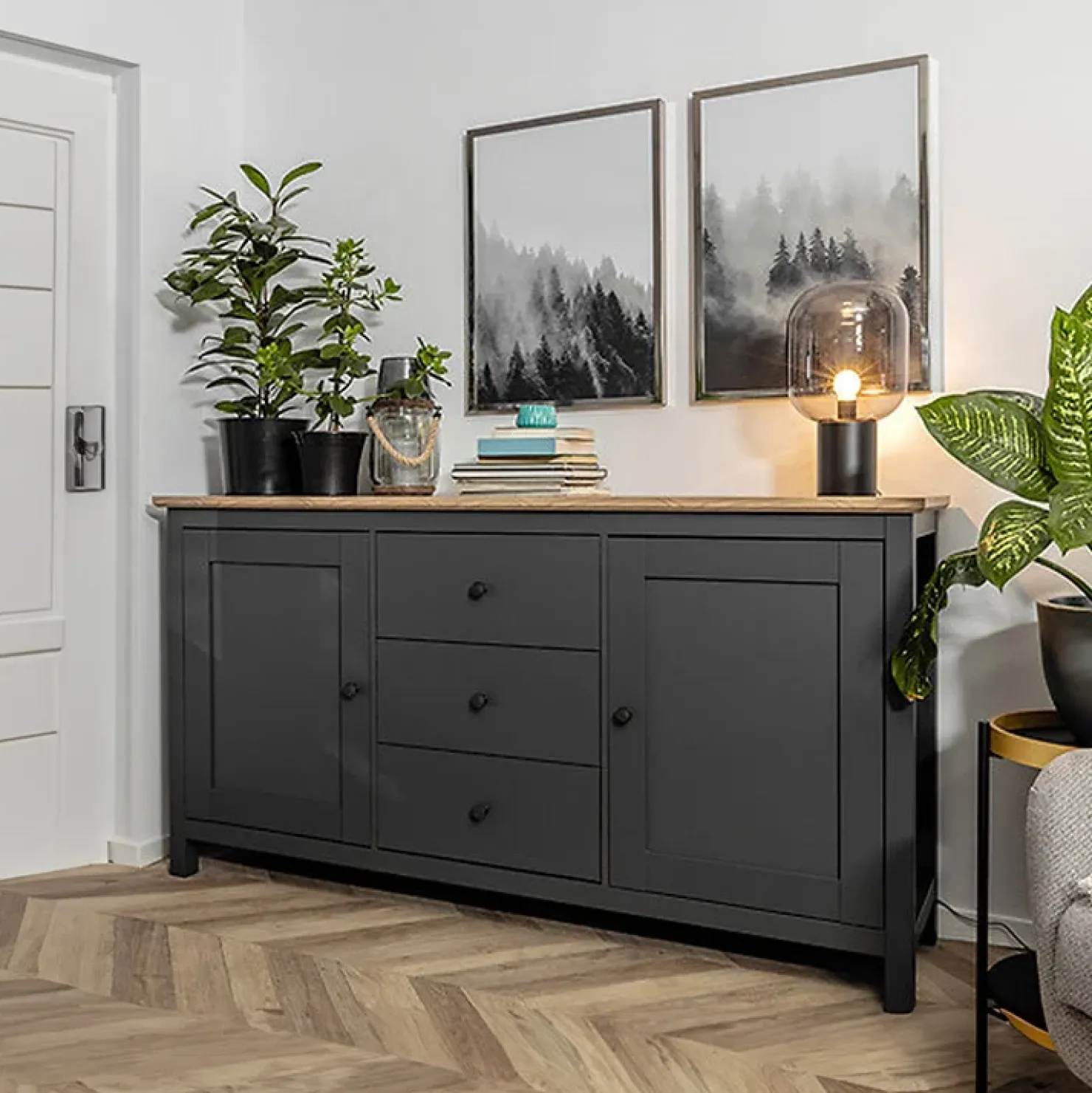 Garnero Arredamenti Credenza 186x96h cm 2 ante 3 cassetti nero grafite rovere chiaro Holga Grafite - Rovere Discount