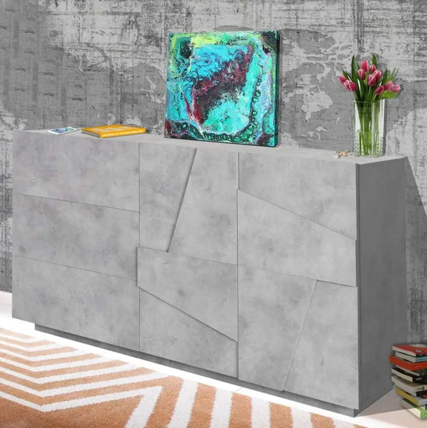 Garnero Arredamenti Credenza 143x86h cm 2 ante 3 cassetti moderna Zenzero Gihome® Cemento Sale