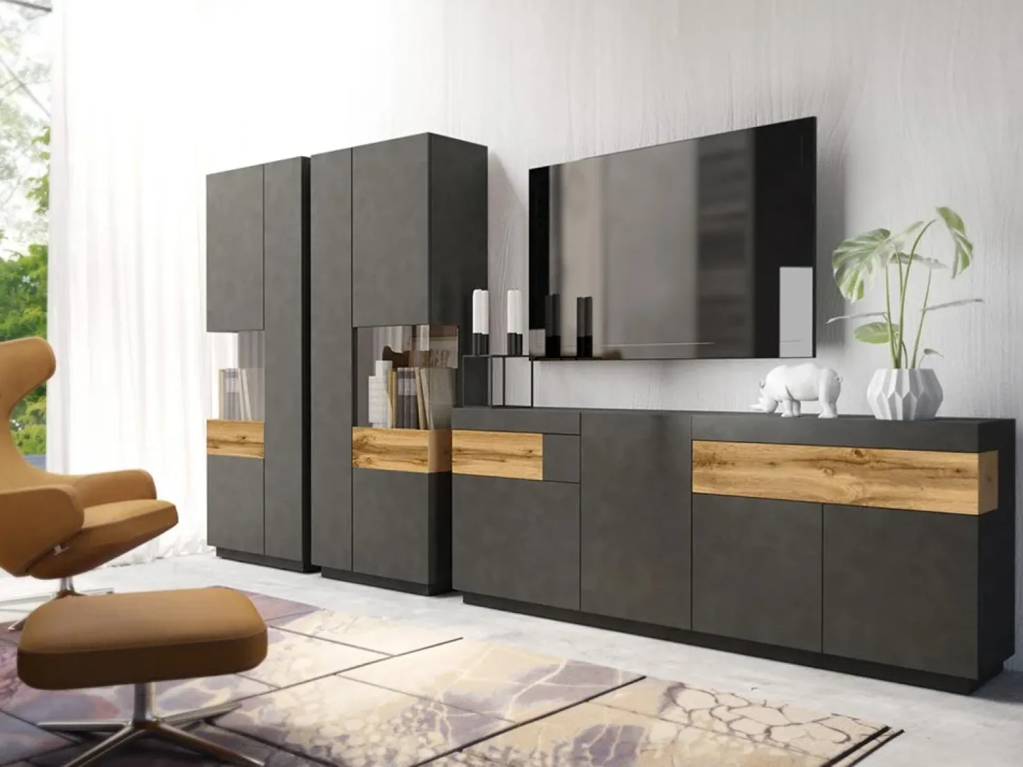 Garnero Arredamenti Credenza 219x85h cm 4 ante 2 cassetti moderna antracite rovere Bahama Antracite - Rovere Rustico Clearance