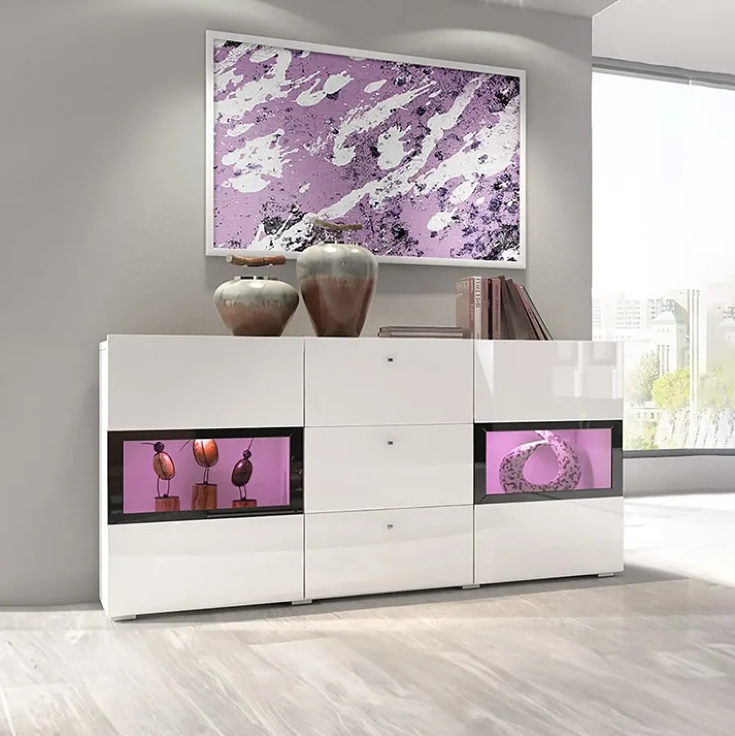 Garnero Arredamenti Credenza 132x70h cm 2 ante 3 cassetti moderna nero Emotion Gihome® Bianco Lucido Clearance