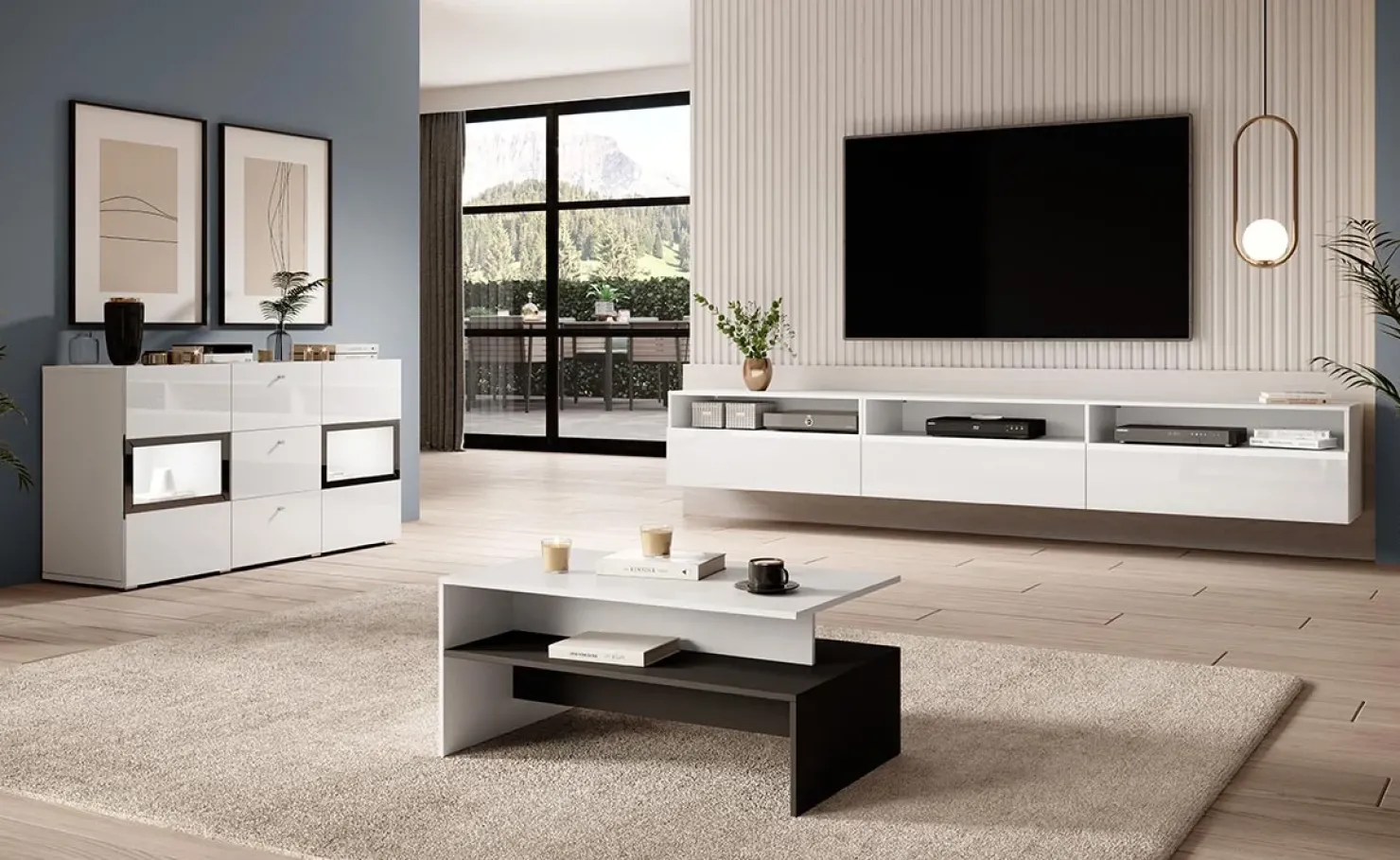 Garnero Arredamenti Credenza 132x70h cm 2 ante 3 cassetti moderna nero Emotion Gihome® Bianco Lucido Clearance