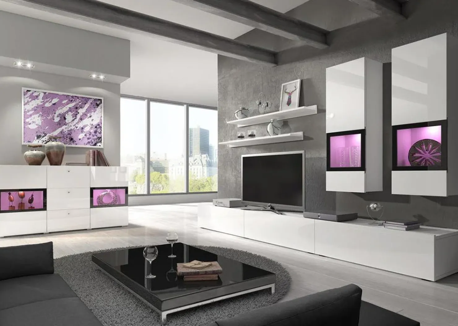 Garnero Arredamenti Credenza 132x70h cm 2 ante 3 cassetti moderna nero Emotion Gihome® Bianco Lucido Clearance