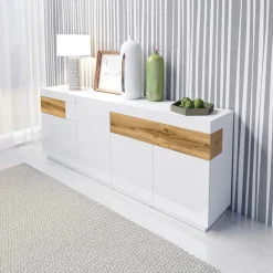 Garnero Arredamenti Credenza 219x85h cm 4 ante 2 cassetti bianco lucido rovere Bahama Bianco Lucido - Rovere Rustico Hot
