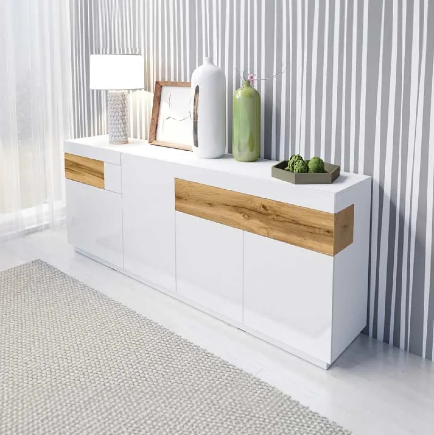 Garnero Arredamenti Credenza 219x85h cm 4 ante 2 cassetti bianco lucido rovere Bahama Bianco Lucido - Rovere Rustico Hot