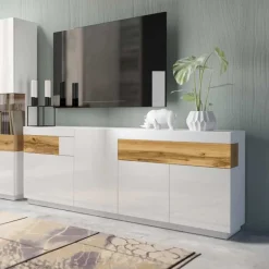 Garnero Arredamenti Credenza 219x85h cm 4 ante 2 cassetti bianco lucido rovere Bahama Bianco Lucido - Rovere Rustico Hot