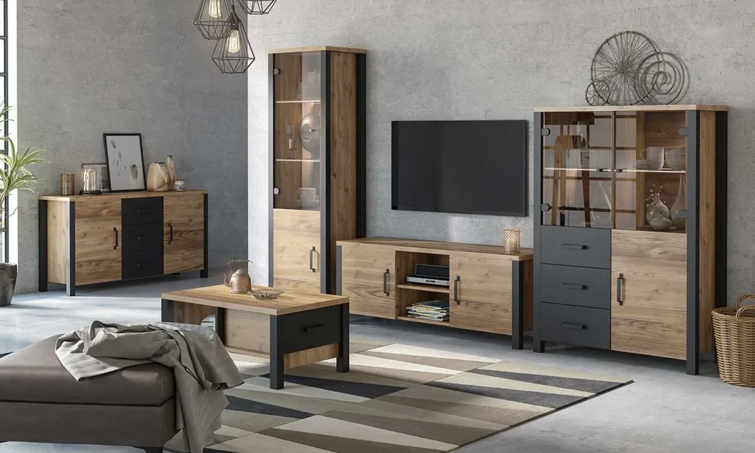 Garnero Arredamenti Credenza 147x79h cm 2 ante 3 cassetti moderna quercia nero opaco Nebraska Sale