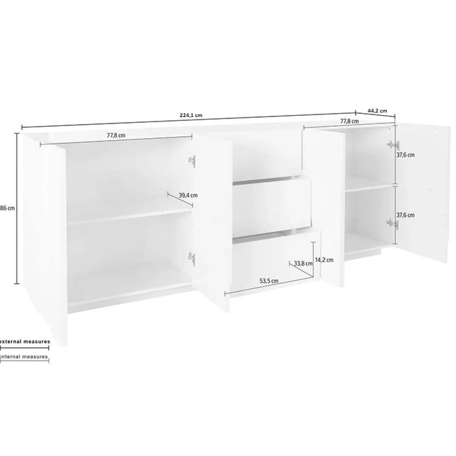 Garnero Arredamenti Credenza 224x86h cm 4 ante 3 cassetti moderna Zenzero Gihome® Bianco Lucido Clearance