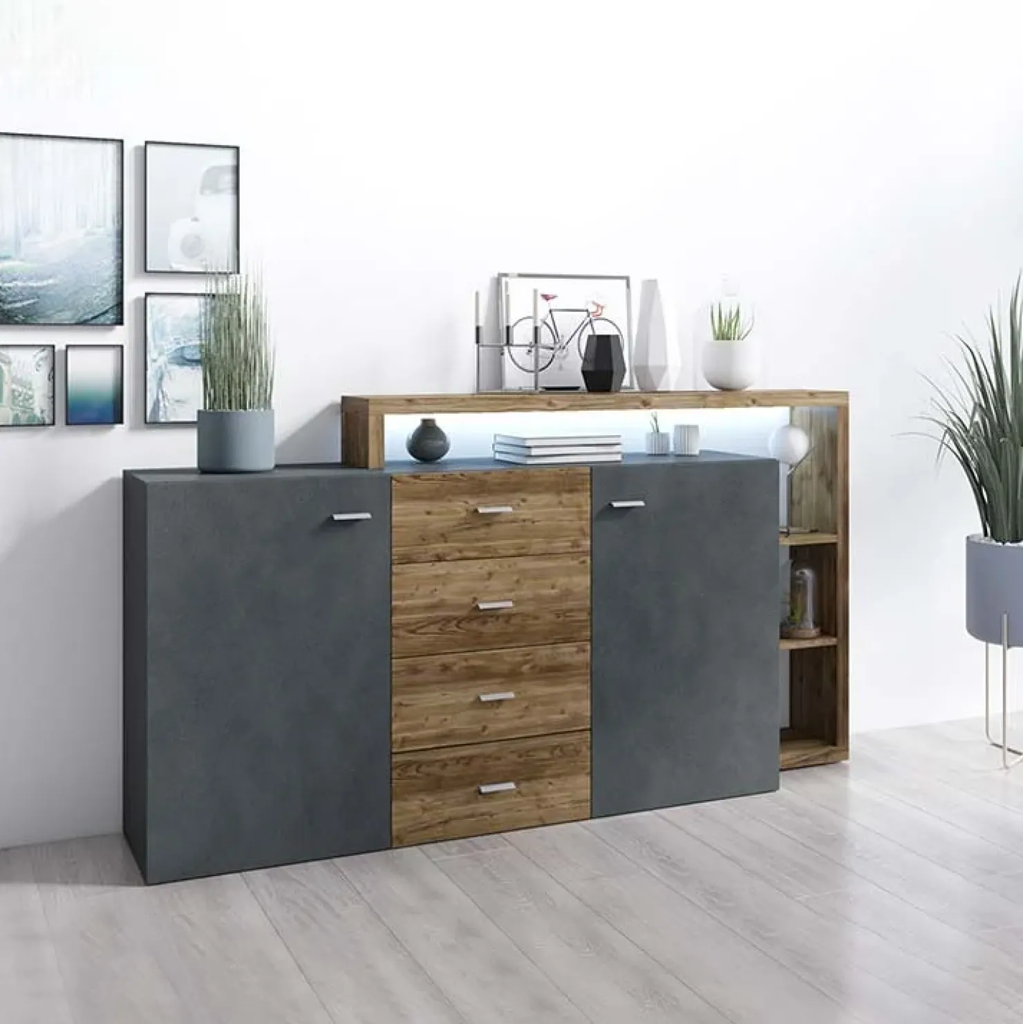 Garnero Arredamenti Credenza 180x97h cm 2 ante 4 cassetti moderna antracite spatolato noce Megan Gihome® Noce - Antracite Best