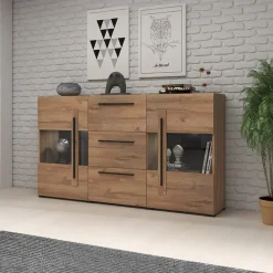 Garnero Arredamenti Credenza 180x103h cm 2 ante 3 cassetti con vetrinetta moderna nero Maiorca Rovere New