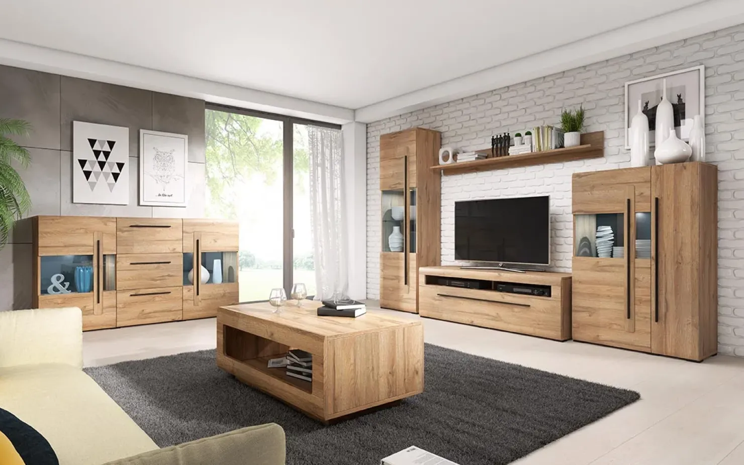 Garnero Arredamenti Credenza 180x103h cm 2 ante 3 cassetti con vetrinetta moderna nero Maiorca Rovere New