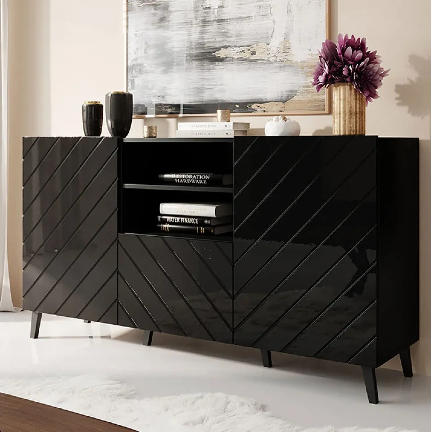 Garnero Arredamenti Credenza 150x82h cm 2 ante 1 cassetto moderna decorato nero lucido Placida Hot