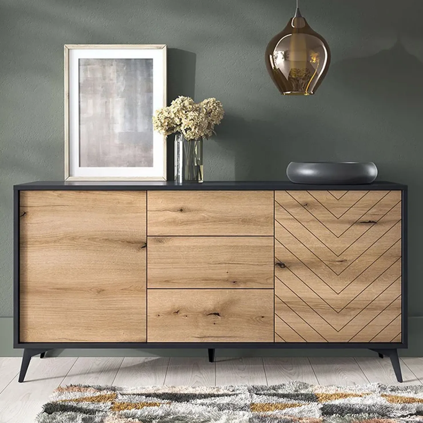Garnero Arredamenti Credenza 154x77h cm 2 ante 3 cassetti moderna quercia nero Becca Outlet