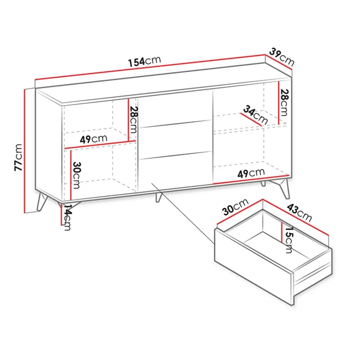 Garnero Arredamenti Credenza 154x77h cm 2 ante 3 cassetti moderna quercia nero Becca Outlet