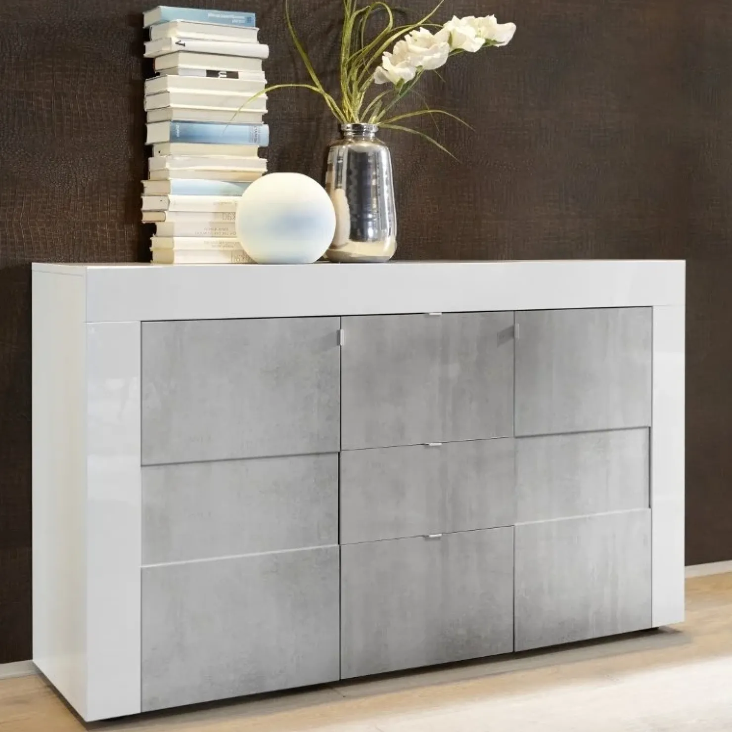 Garnero Arredamenti Credenza 138x84h cm 2 ante 3 cassetti bianco e cemento Easy New