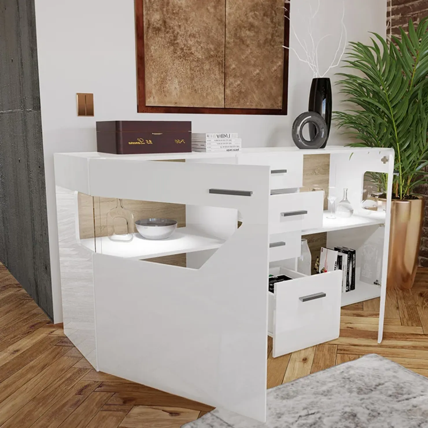 Garnero Arredamenti Credenza 180x81h cm 2 ante 4 cassetti bianco lucido Biancaneve New