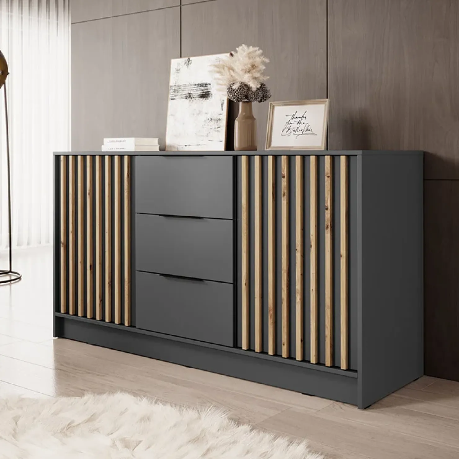 Garnero Arredamenti Credenza 155x86h cm 2 ante 3 cassetti soggiorno quercia Miller Antracite Sale